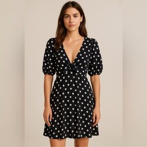 Abercrombie cinched tie front mini dress in black-and-white polkadots